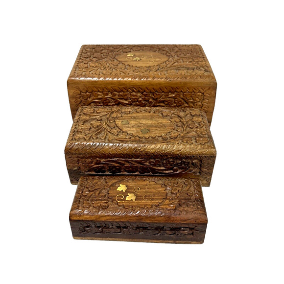 Vintage Carved Wood Nesting Boxes (3) Ornate Hinged Brass Inlay Stacking Jewelry - Picture 10 of 12